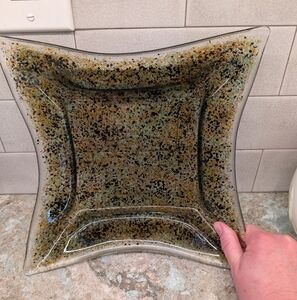 Unique Confetti Glass Square Plate Platter Black Gold Green